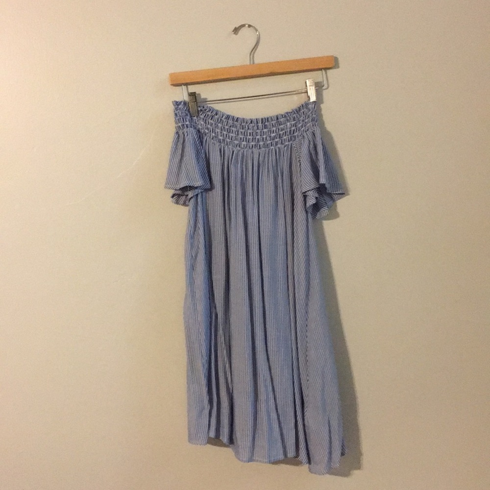 Blue and white striped dress, off the shoulder